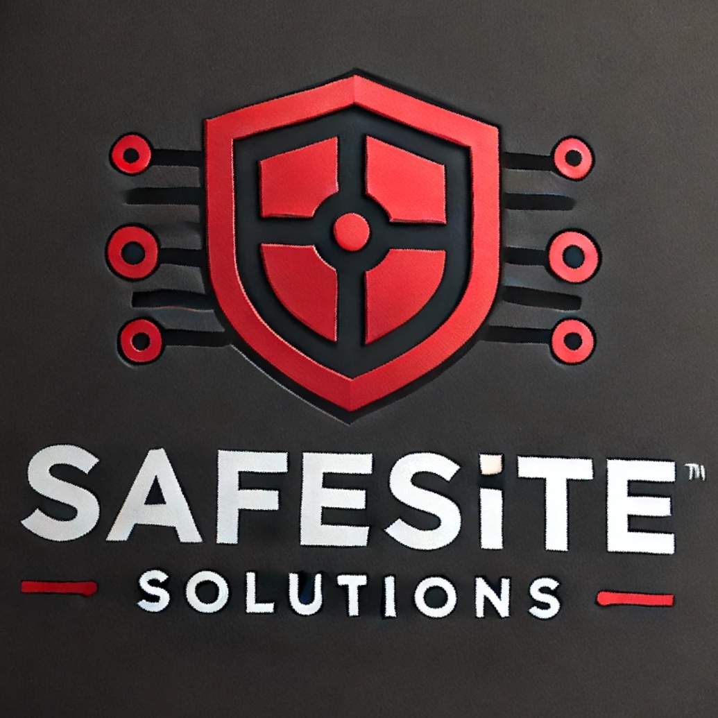 logotype med en röd sköld på svart botten och med en text SafeSite Solutions